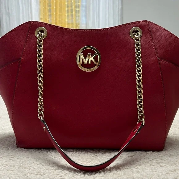 Michael Kors Red Tote Bag with Gold Accents - Picture 3 of 14